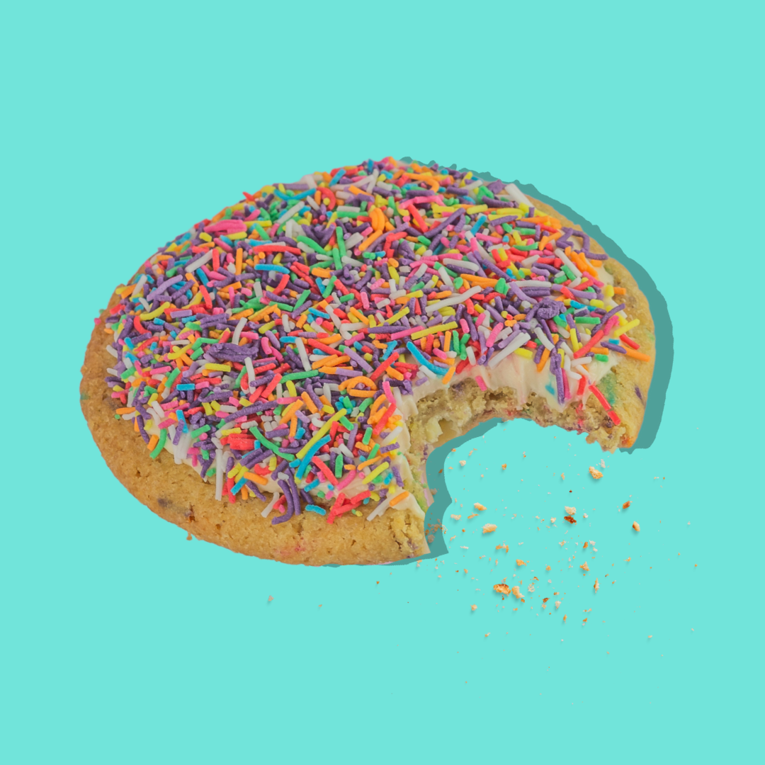 Cake Batter Cookie with rainbow sprinkles and white chocolate chips.
