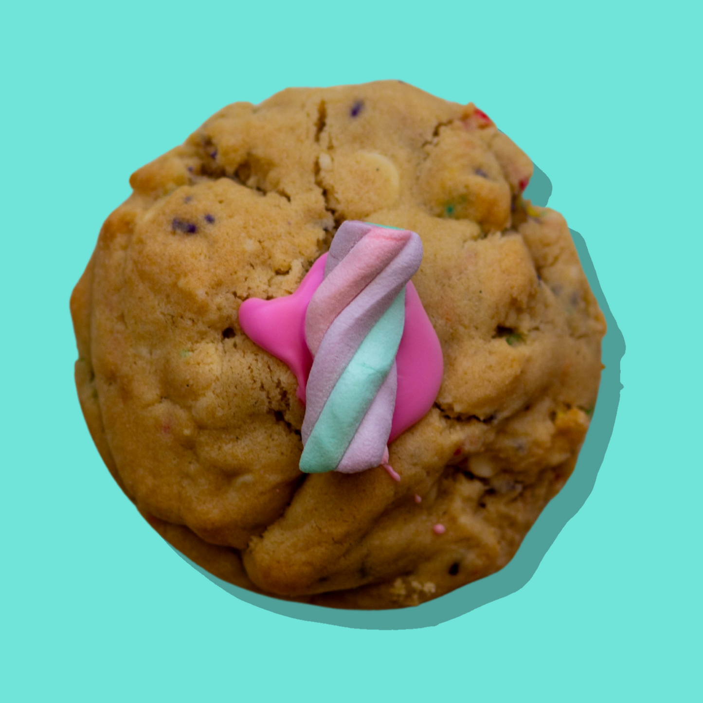 Fluffy Unicorn cookie with marshmallow core and rainbow sprinkles.