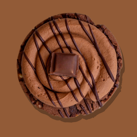Thick n Rich Maxi cookie with triple chocolate base, dark chocolate cream cheese frosting, and chocolate drizzle.